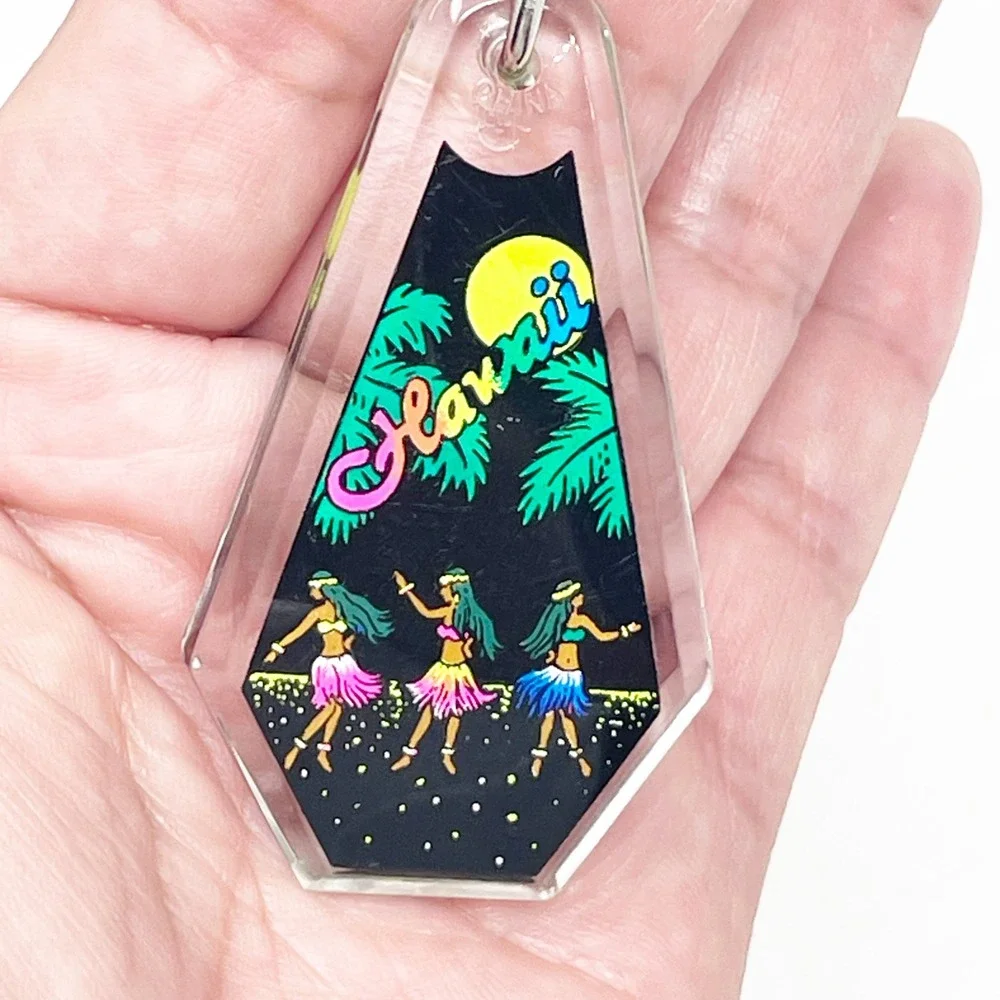 Vintage 80s Hawaii Keychain Black Neon Aloha Hula Dancers Retro Souvenir Plastic